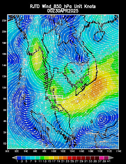 Wind field at 850 hPa Unit degree/knots