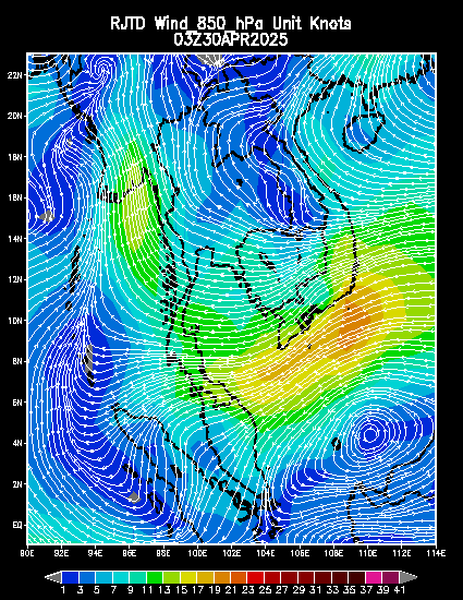 Wind field at 850 hPa Unit degree/knots