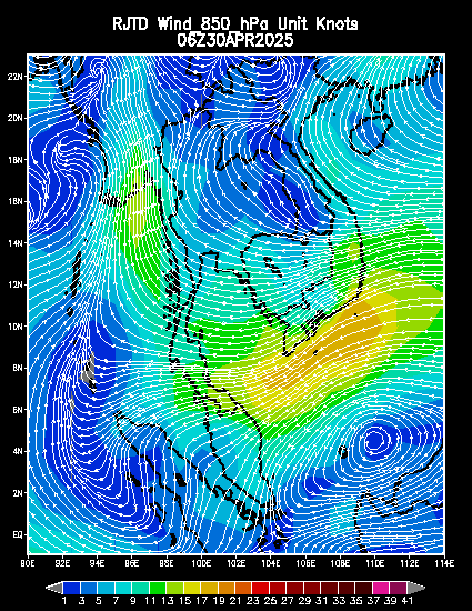 Wind field at 850 hPa Unit degree/knots