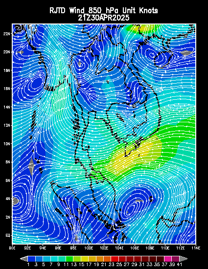 Wind field at 850 hPa Unit degree/knots